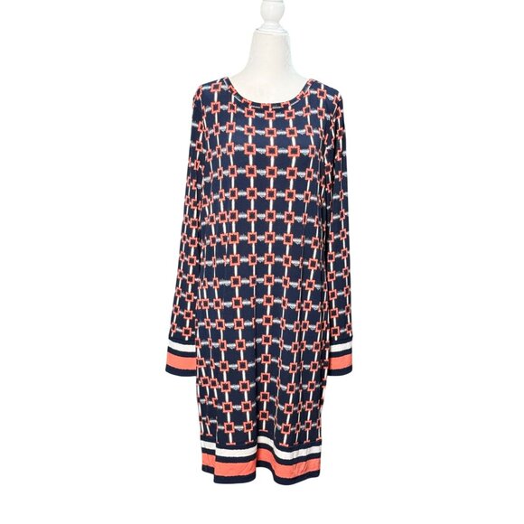 Michael Kors Womens L Long Sleeve Geometric Pattern Dress Blue Orange Stretch - Picture 2 of 9